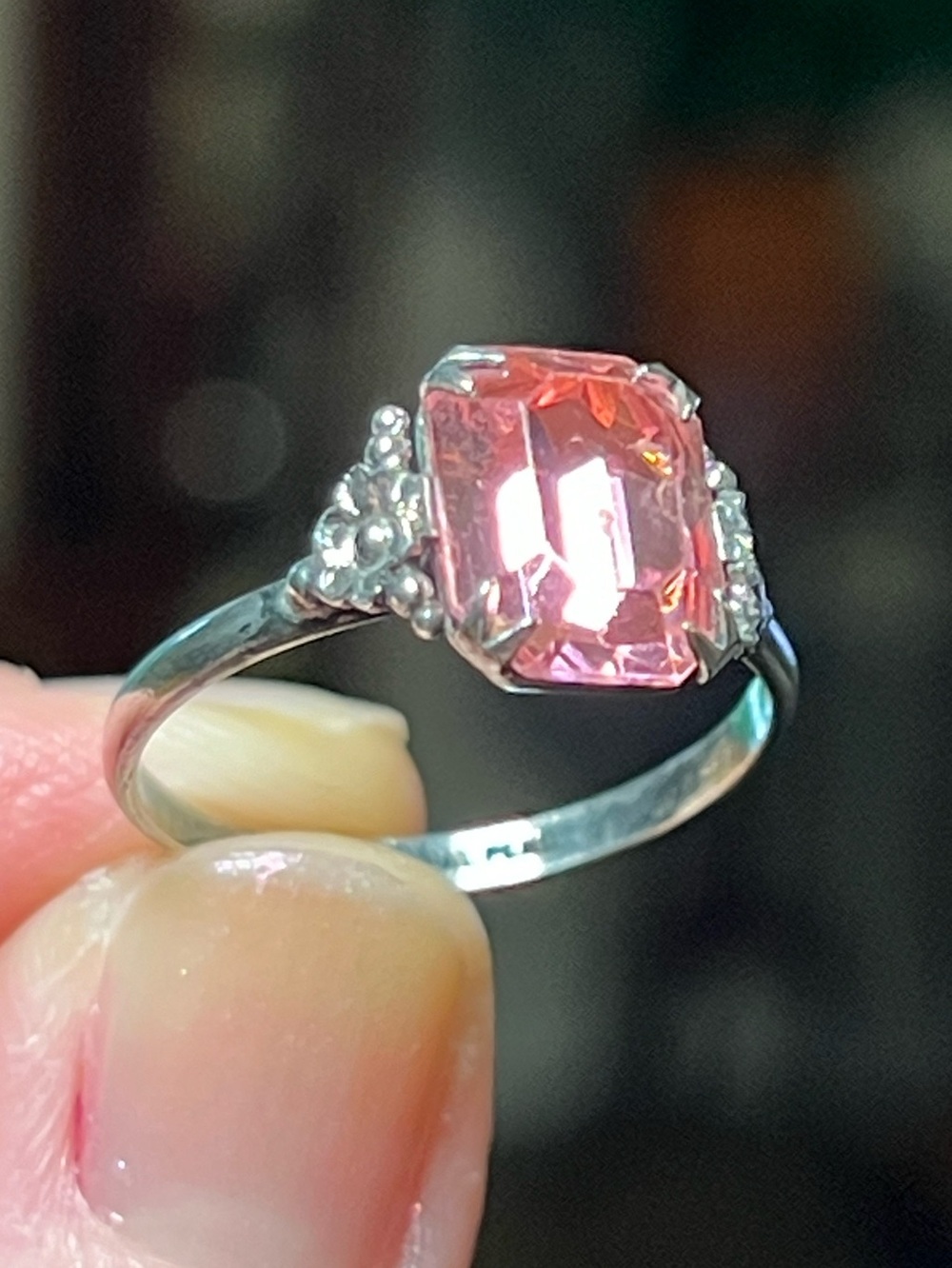 Antique Art Deco Sterling Silver Tiny Flower Shank Pink Paste Emerald Cut Ring